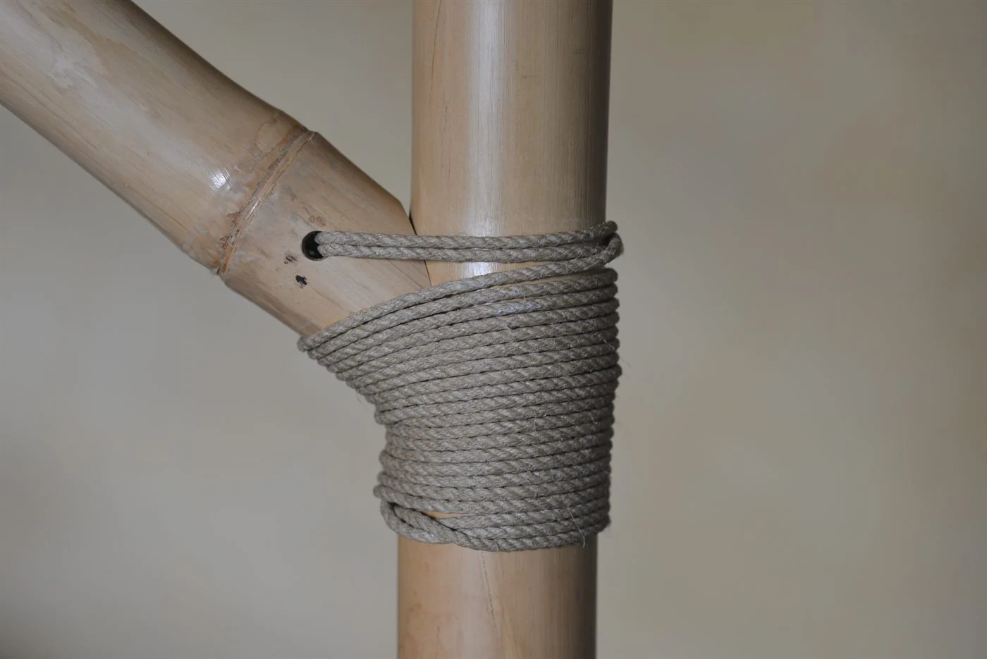 Lashing en corde à la jonction d'un tronçon et d'un montant en bambou