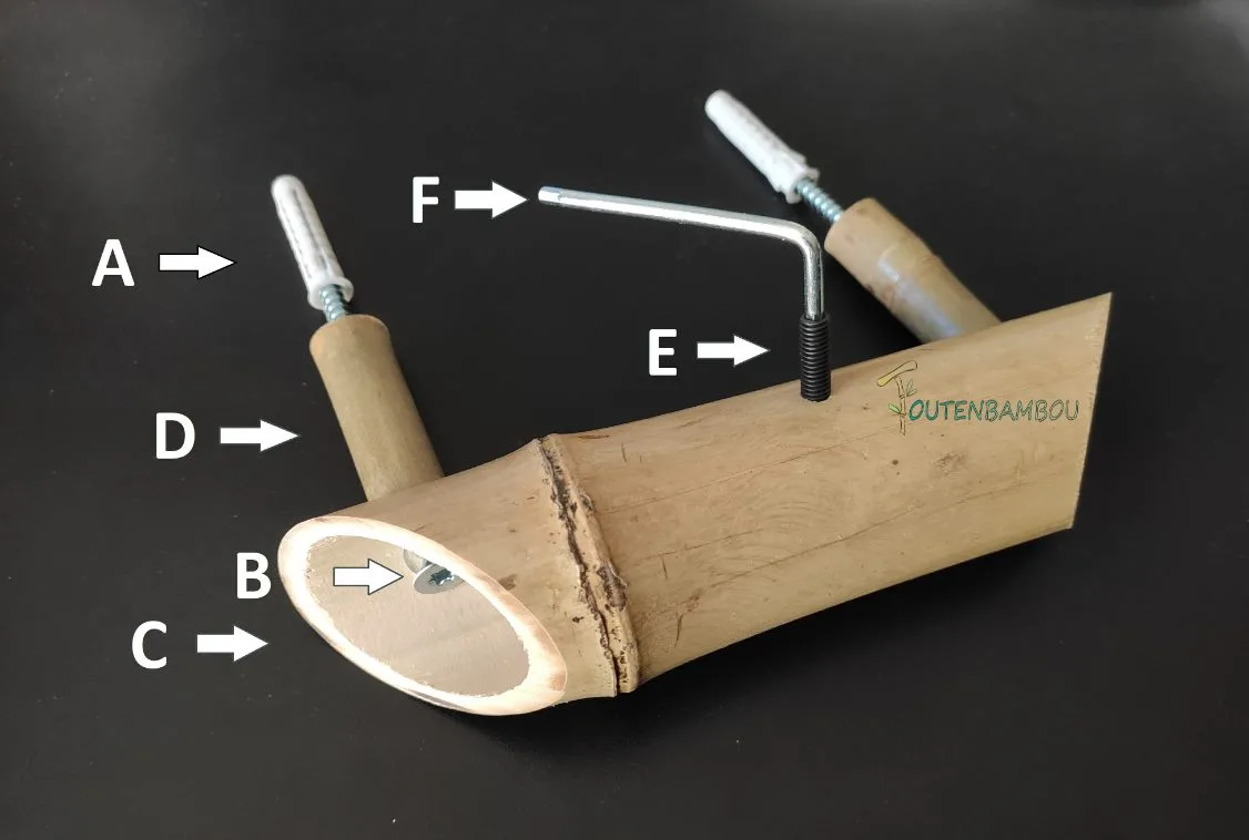 Guide de fixation en bambou avec ses repères de A à F